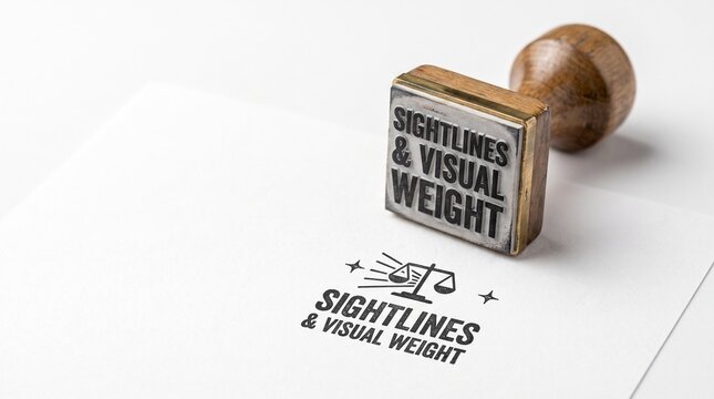 Vintage wooden rubber stamp on white paper, sightlines and visual weight text imprint, professional branding and design concept