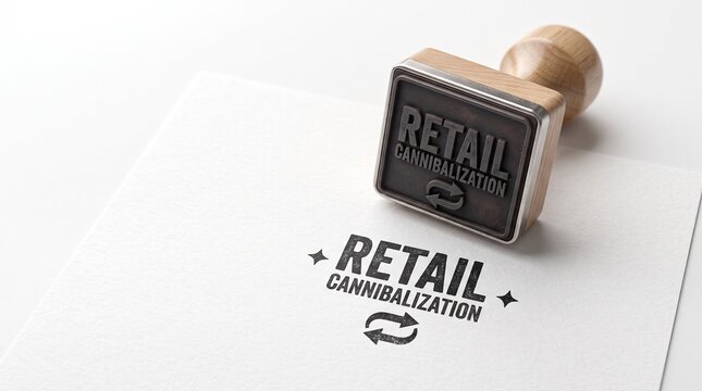 Retail cannibalization business concept, wooden rubber stamp on white paper, marketing strategy and sales competition metaphor