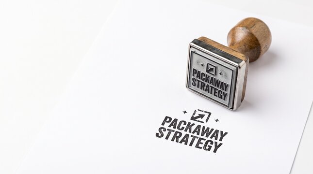 Packaway Strategy rubber stamp on white paper, professional business branding concept, wooden handle stamper with black ink logo
