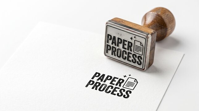 Vintage wooden rubber stamp with Paper Process text, black ink document stamp on white paper, office workflow and bureaucracy concept