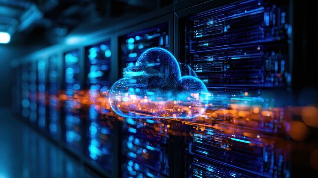 A cloud computing server with a glowing cloud icon in the foreground, set against a blurred background of server racks and lights.