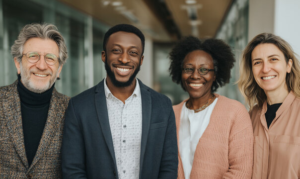 4 professors smiling and standing side by side, natural skin texture, happy atmosphere, happy facial expressions, white background, modern academic office space, diverse ethnicities.