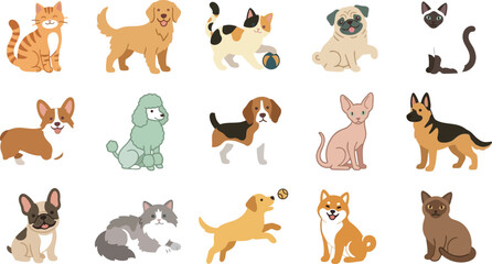 Obraz premium Set of cute dogs and cats vector illustration collection with various breeds of pets isolated on a transparent background