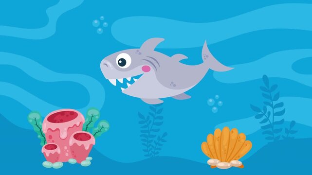 Cute cartoon shark swimming in blue ocean with coral reef and sea shells background motion graphics.
