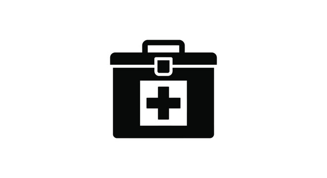 First aid kit icon with a white cross on black background