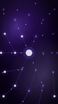 Distributed edge nodes with radiating links, violet tech vertical 9:16 seamless loop HD motion background