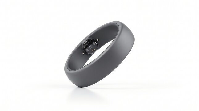 Minimalist smart ring for health tracking, matte grey wearable biometric sensor, modern fitness tracker ring on white background