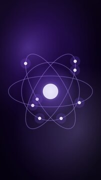 Electron orbits around a glowing nucleus, violet tech vertical 9:16 seamless loop HD motion background