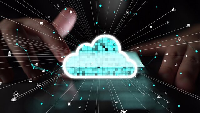 Close-up view of hands interacting with a device surrounded by vibrant cloud symbols and digital icons, illustrating the concept of cloud computing and modern data management. Xenic