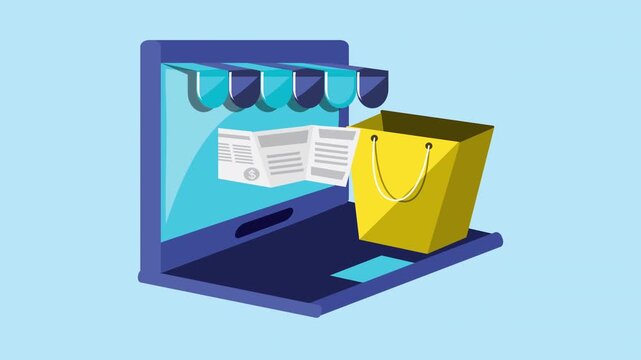 Online shopping animation with laptop computer store and shopping bag floating on light blue background.
