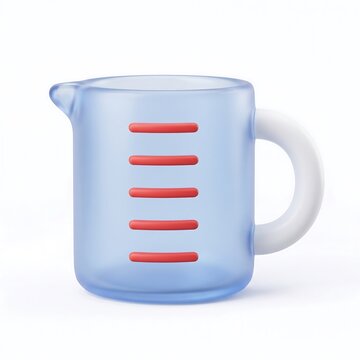 3D Blue glass measuring cup with red level markings and white handle isolated on white background