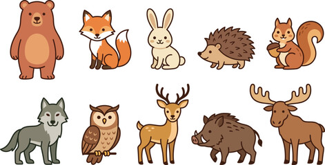 Fototapeta premium Set of cute forest animals including bear fox rabbit hedgehog squirrel wolf owl deer boar and moose in cartoon style