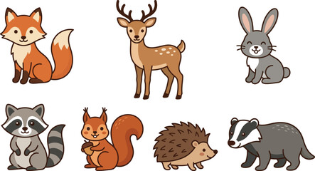 Naklejka premium Cute cartoon forest animals set including fox deer rabbit raccoon squirrel hedgehog and badger isolated on white