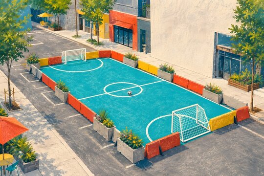 sports football urban pop up street pitch community illustration

