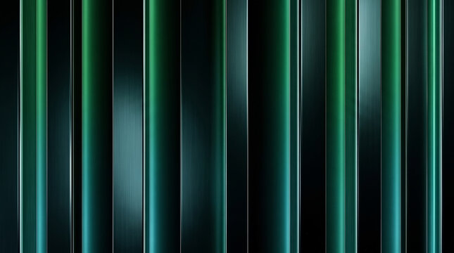 Futuristic abstract background featuring brushed metallic vertical lines glowing in green and teal. Modern dark textured wallpaper for technology and corporate design