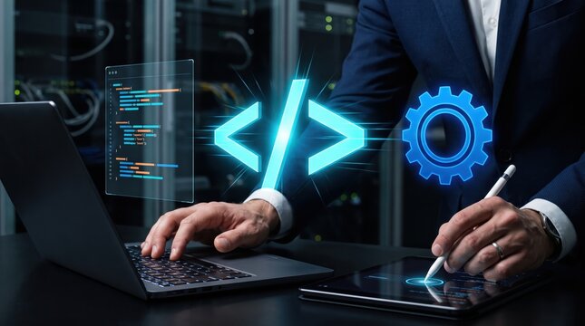 Digital Alchemy: A businessman meticulously crafts code on his laptop, symbolized by glowing brackets and gears.