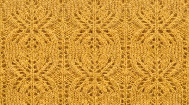 Yellow knitted fabric with intricate floral lace pattern during close-up studio lighting for textile design concepts