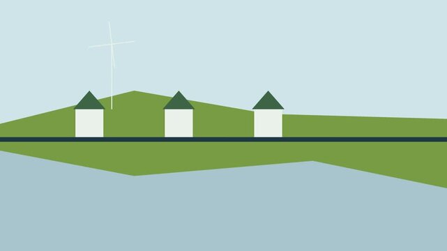 Minimalist landscape animation featuring rotating wind turbine and stylized houses by water.