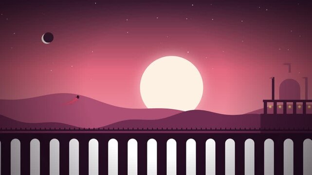 Minimalist silhouette landscape with character flying through purple sunset sky over bridge and dunes.