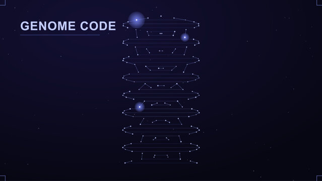 Genome code DNA helix vector, futuristic genetic sequence illustration, medical biotechnology data visualization on dark blue background