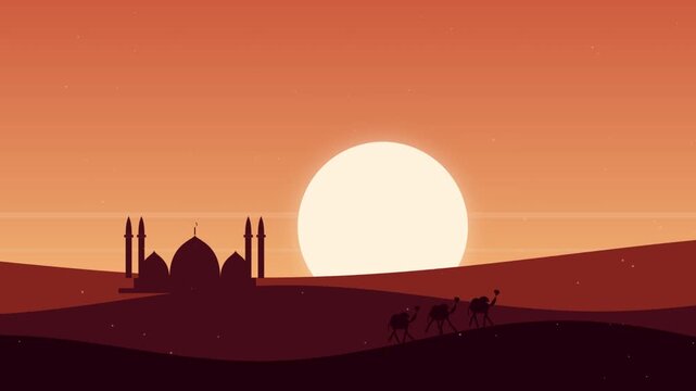 Silhouette of camels walking in desert with mosque in background at sunset.