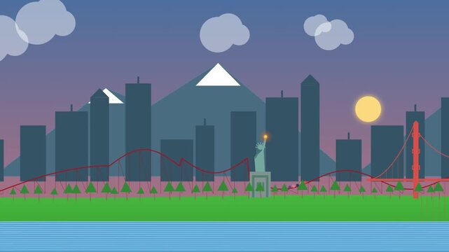 Minimalist city skyline animation with roller coaster and sunset over water in flat design style.