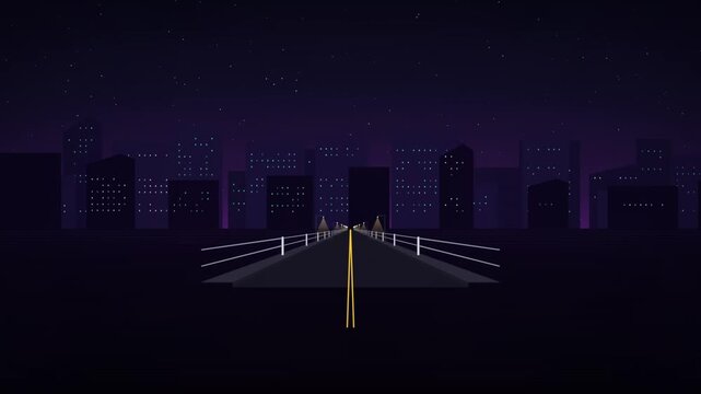 Minimalist digital animation of city bridge with street lamps lighting up at night.