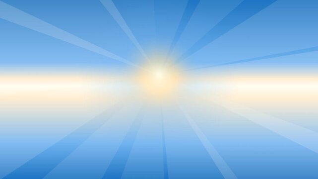 Abstract sunbeams background with rotating light rays on gradient blue sky loop.