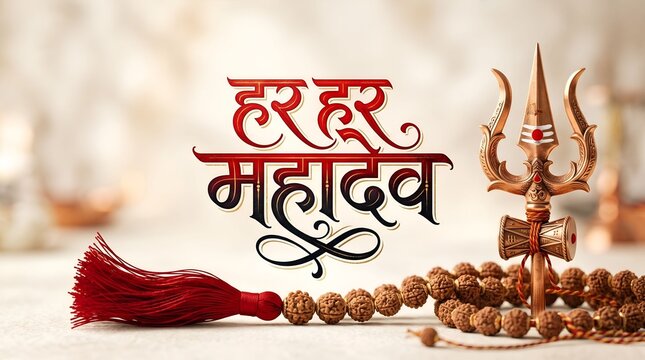 Lord Shiva Trishul with Rudraksha Mala and Damru, Maha Shivratri Festive Background Banner
