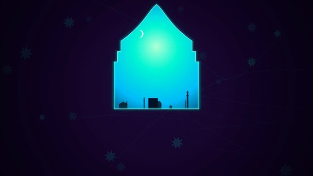 Islamic ramadan background with glowing arch window silhouette showing mosque and crescent moon at night.