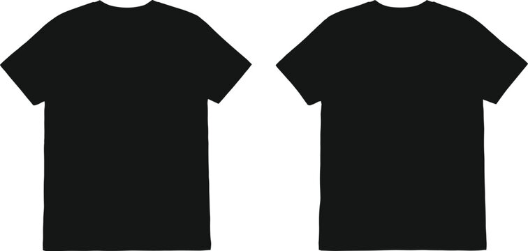 Black t shirt template mockup vector set with front and back view blank casual apparel silhouette illustration