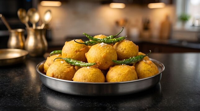 Batata Vada Indian Potato Bonda Snack with Fried Green Chilies, Street Food Illustration
