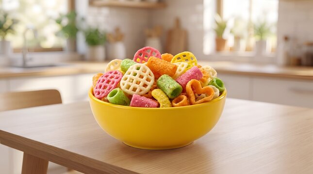 Colorful Fryums Indian Snacks in Yellow Bowl on Wooden Table, Crunchy Papadum Illustration
