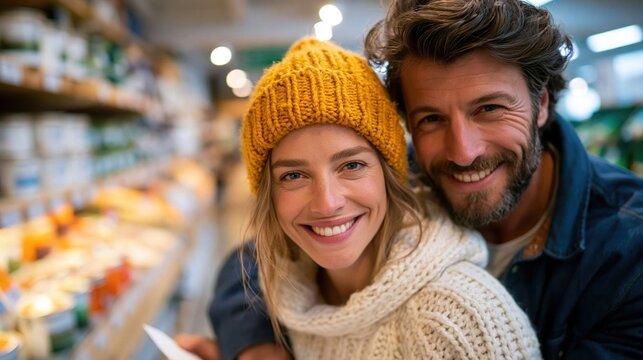 A happy couple poses closely in a grocery store aisle, displaying warm smiles and a loving bond while exploring fresh products, illustrating the joy in everyday moments.