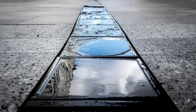 Reflections in a puddle on a wet asphalt road surface