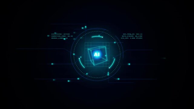 Futuristic AI interface hud with digital data scanning system in cyber security network motion graphic.