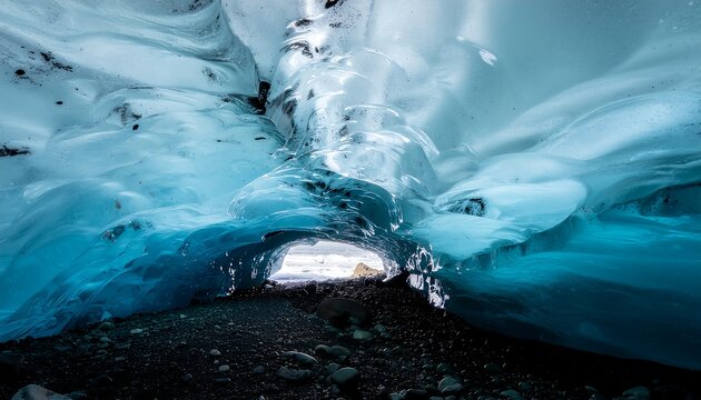 Stunning Ice Cave with Blue Tones and Frozen Waterfalls