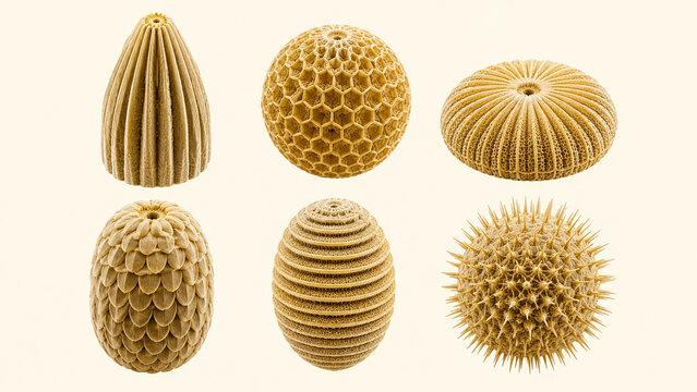Butterfly moth egg micro-sculpture collection SEM style illustration six species ribbed globe disc barrel spiny cream amber natural history museum