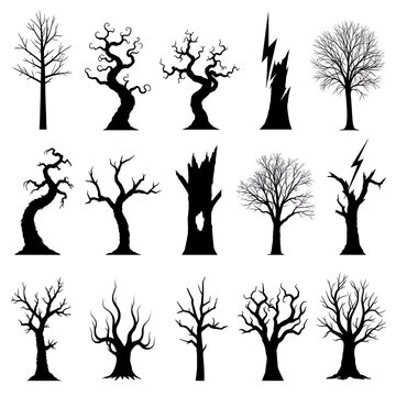 Collection of spooky bare trees silhouettes for halloween design on a white background