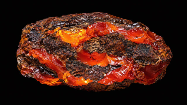 Fire opal matrix raw specimen macro orange-red precious opal vein in dark brown ironstone host rock internal glow black velvet gemology