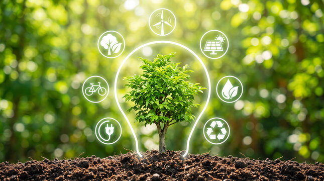 A stylized green tree with interconnected lightbulbs and recycling icons grows from soil to represent sustainable growth.