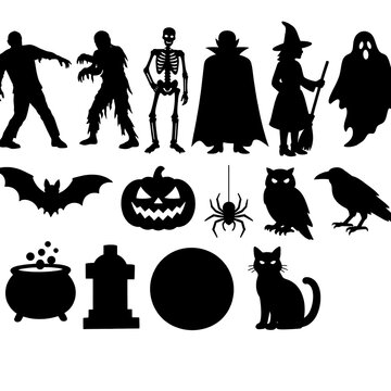 Halloween silhouettes of monsters pumpkins and spooky creatures on a white background