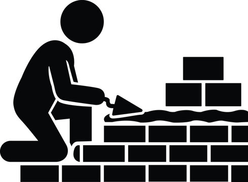Bricklayer Mason Applying Mortar and Building Brick Wall Construction Silhouette Vector Icon Set