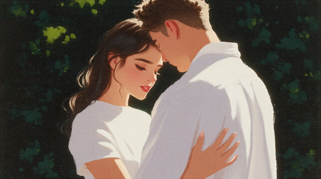Romantic couple embraces tenderly outdoors with soft sunlight and green foliage background