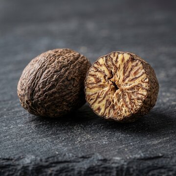 Whole And Halved Nutmeg Spice On Dark Textured Surface