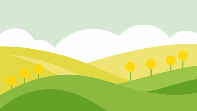 Pastoral scenery featuring green rolling meadows and yellow trees under soft clouds for peaceful outdoor nature visual branding needs.
