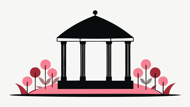 Classic gazebo surrounded by stylized round trees and vibrant pink shrubs creating peaceful park setting for urban recreation.