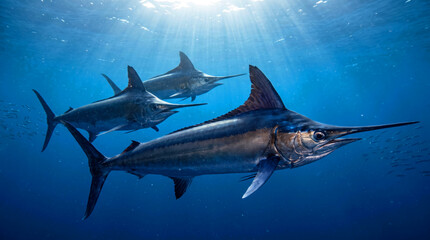 Obraz premium A school of majestic striped marlin swimming together in the deep blue ocean water under bright sunlight