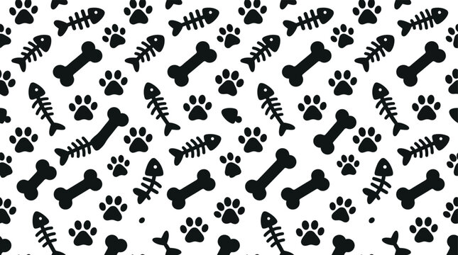Seamless pattern with black dog bones fish skeletons and animal paw prints for pet shop design