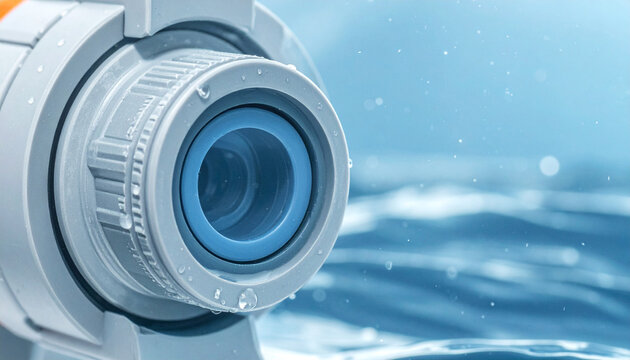 Macro Lens Focus on Water: A detailed macro shot of a camera lens with a blue iris, partially submerged in shimmering blue water, with tiny bubbles rising.